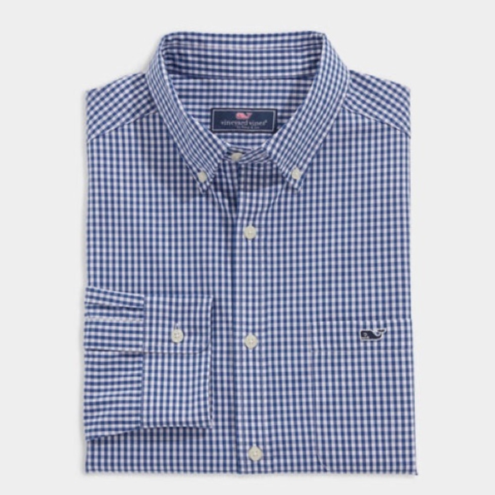 NWOT Men’s Vineyard Vines Slim Fit Gingham Poplin in Navy Blue&White - L - Picture 2 of 9